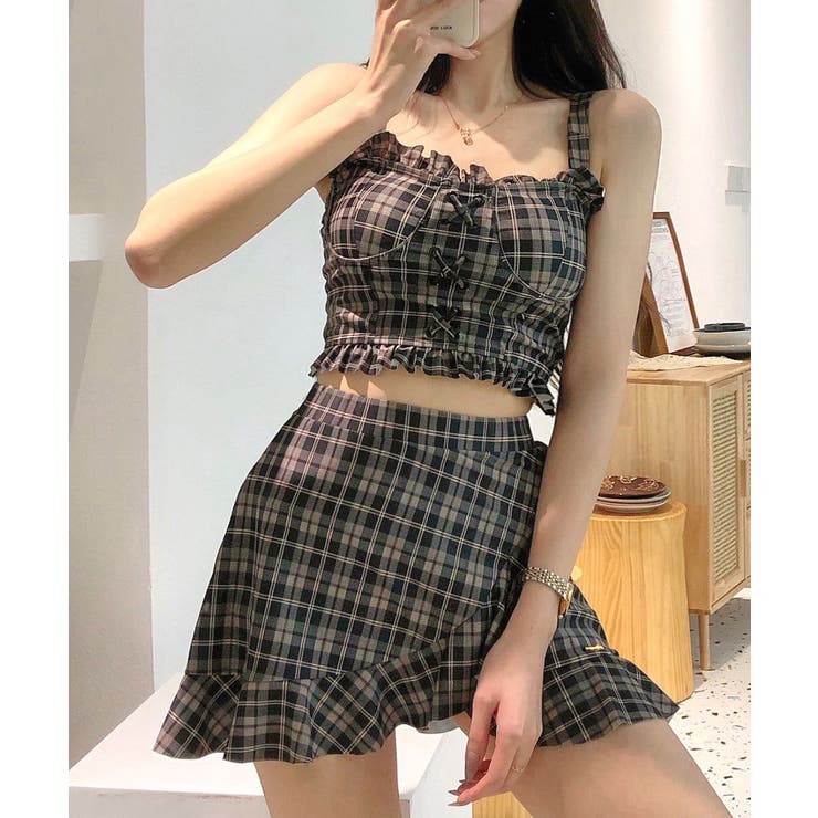 チェック柄水着 レースアップフリルビスチェ水着 ショーツ一体型ミニスカートタンキ… | SUNSHINE CLOSET | 詳細画像2 