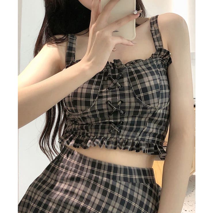 チェック柄水着 レースアップフリルビスチェ水着 ショーツ一体型ミニスカートタンキ… | SUNSHINE CLOSET | 詳細画像3 