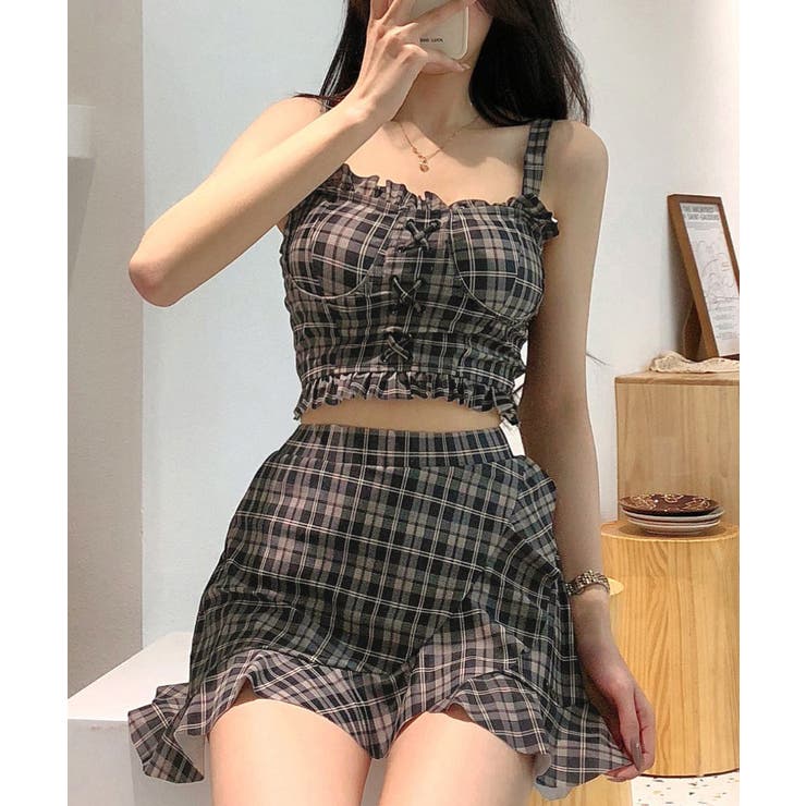 チェック柄水着 レースアップフリルビスチェ水着 ショーツ一体型ミニスカートタンキ… | SUNSHINE CLOSET | 詳細画像4 