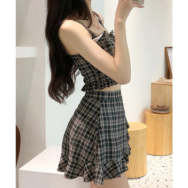 チェック柄水着 レースアップフリルビスチェ水着 ショーツ一体型ミニスカートタンキ… | SUNSHINE CLOSET | 詳細画像6 