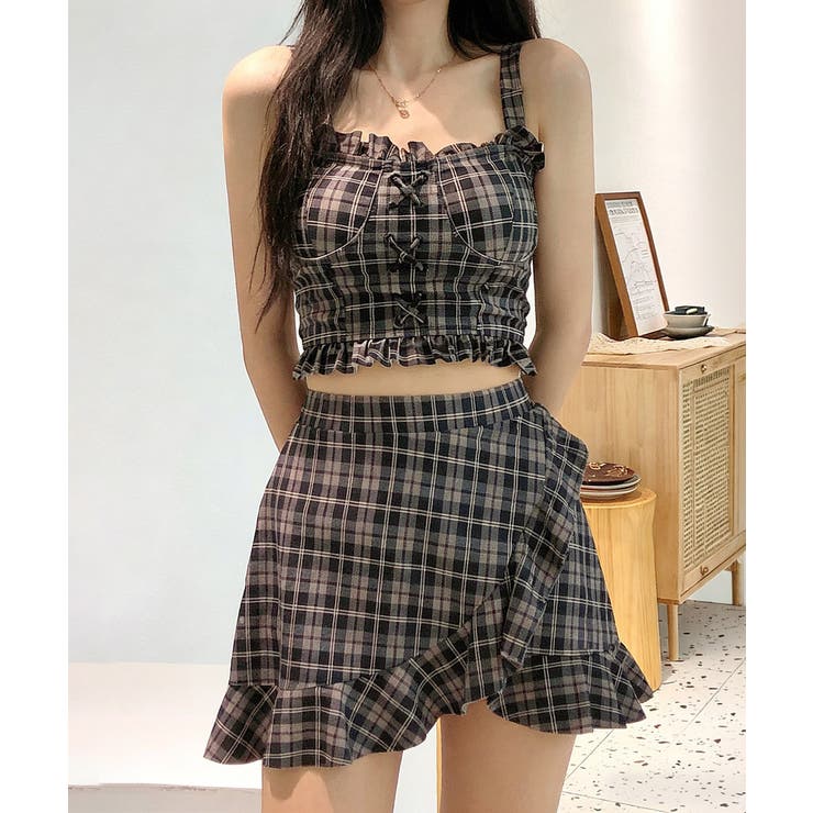 チェック柄水着 レースアップフリルビスチェ水着 ショーツ一体型ミニスカートタンキ… | SUNSHINE CLOSET | 詳細画像9 