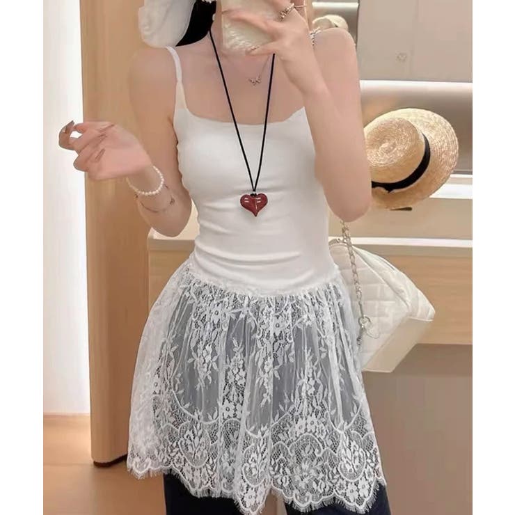 大人可愛い スカラップレースロングキャミ 肩紐調節可能インナーキャミソール | SUNSHINE CLOSET | 詳細画像2 