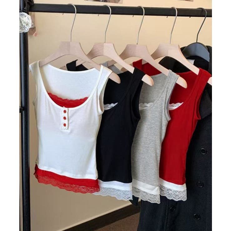 レイヤード風インナー配色 レースタンク 2枚セット風見せキャミタンク | SUNSHINE CLOSET | 詳細画像14 