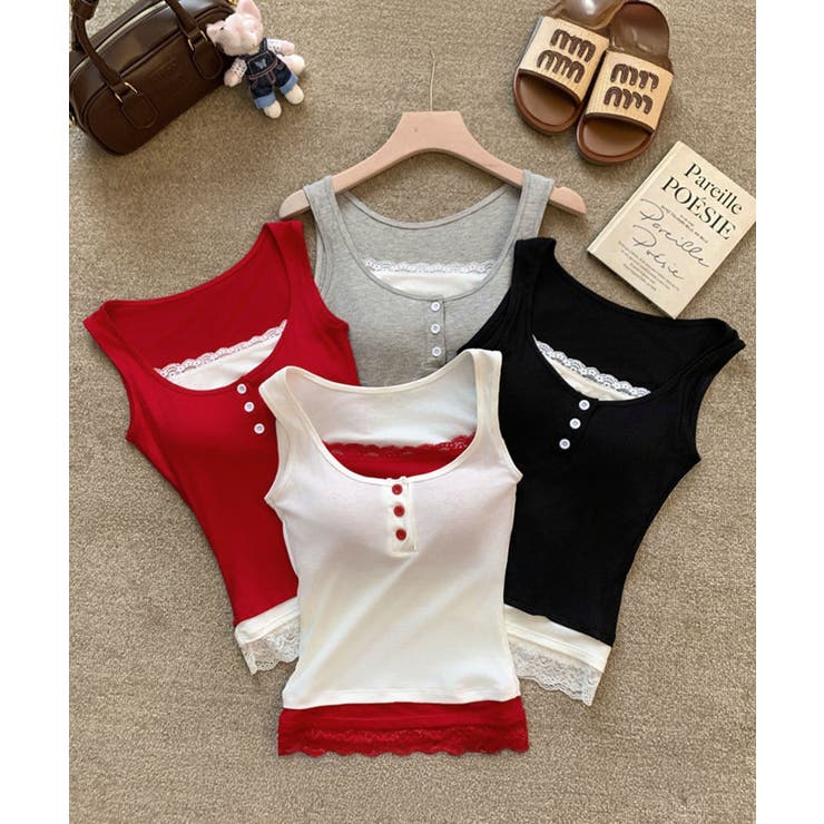 レイヤード風インナー配色 レースタンク 2枚セット風見せキャミタンク | SUNSHINE CLOSET | 詳細画像15 