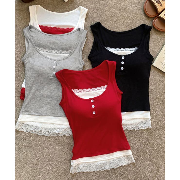 レイヤード風インナー配色 レースタンク 2枚セット風見せキャミタンク | SUNSHINE CLOSET | 詳細画像16 