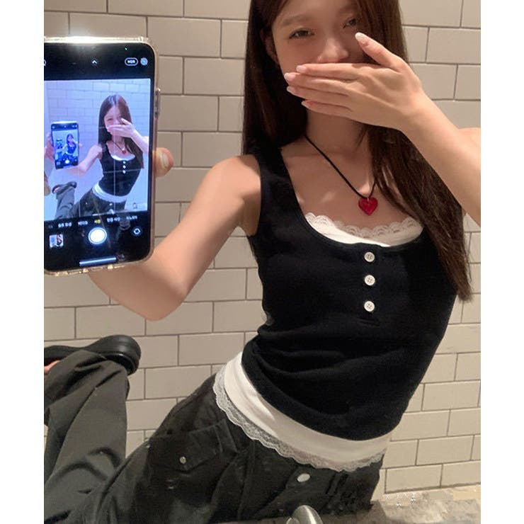 レイヤード風インナー配色 レースタンク 2枚セット風見せキャミタンク | SUNSHINE CLOSET | 詳細画像2 