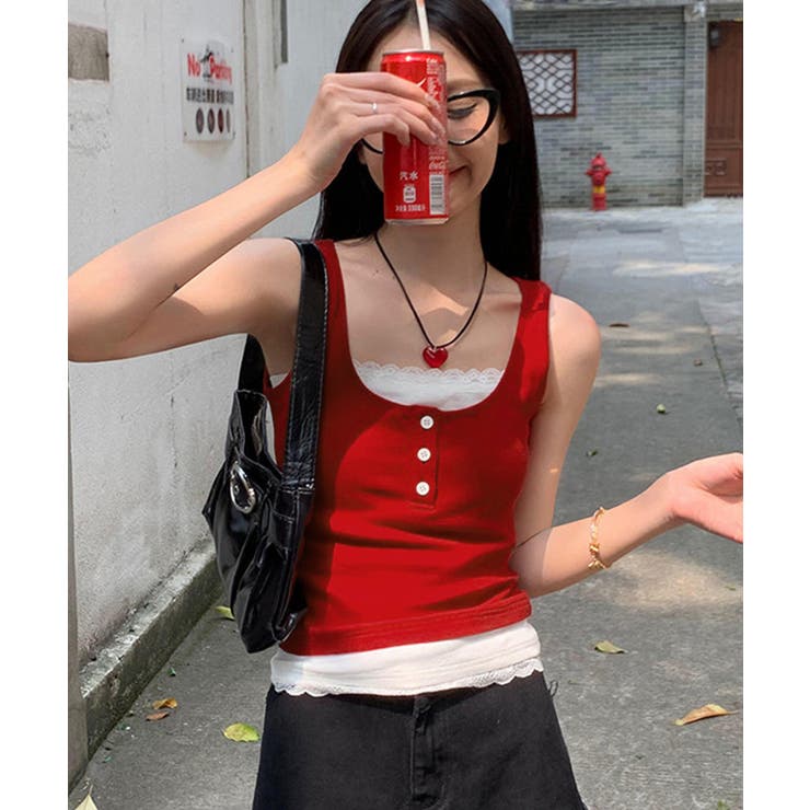 レイヤード風インナー配色 レースタンク 2枚セット風見せキャミタンク | SUNSHINE CLOSET | 詳細画像9 