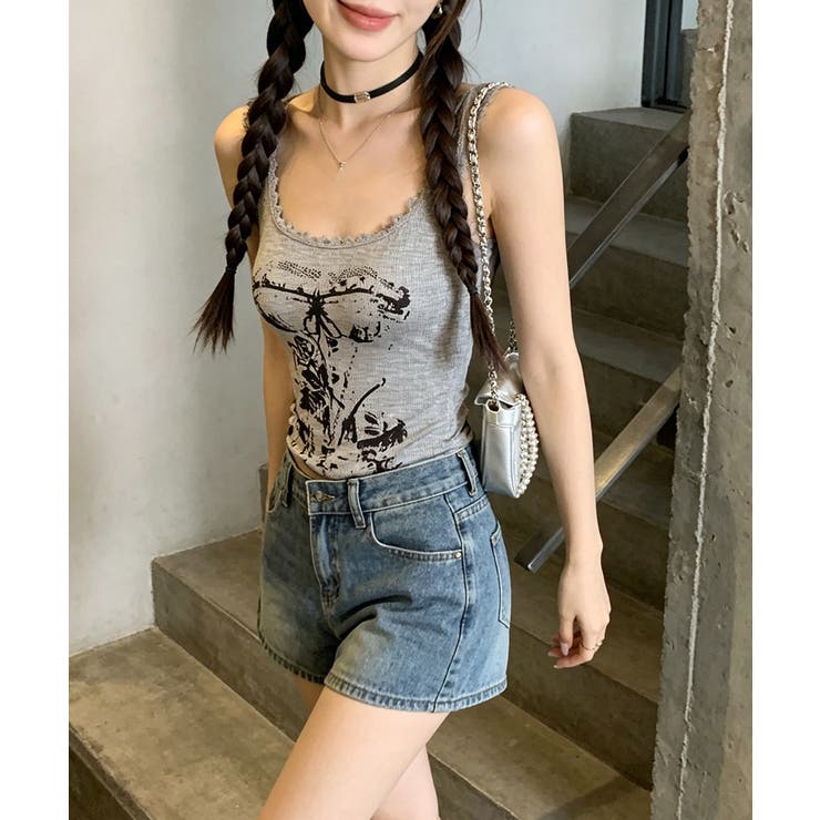 レース地雷系夏服 ヴィンテージ風トップスノースリーブ ショート丈リブタンク | SUNSHINE CLOSET | 詳細画像11 