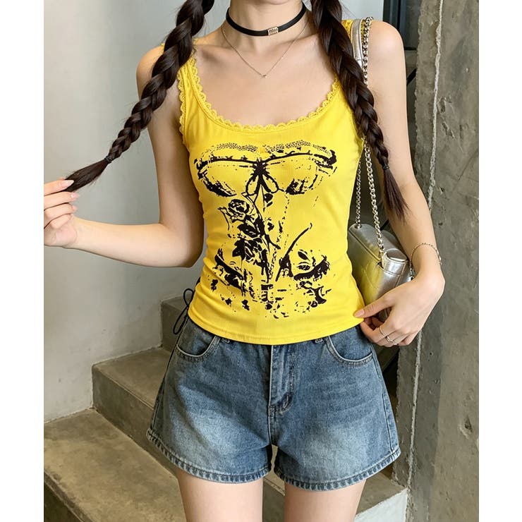 レース地雷系夏服 ヴィンテージ風トップスノースリーブ ショート丈リブタンク | SUNSHINE CLOSET | 詳細画像15 