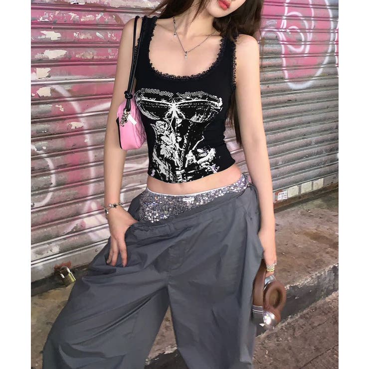 レース地雷系夏服 ヴィンテージ風トップスノースリーブ ショート丈リブタンク | SUNSHINE CLOSET | 詳細画像19 