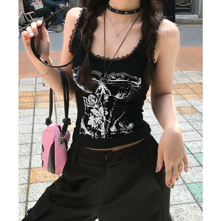 レース地雷系夏服 ヴィンテージ風トップスノースリーブ ショート丈リブタンク | SUNSHINE CLOSET | 詳細画像2 