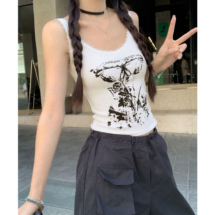 レース地雷系夏服 ヴィンテージ風トップスノースリーブ ショート丈リブタンク | SUNSHINE CLOSET | 詳細画像23 