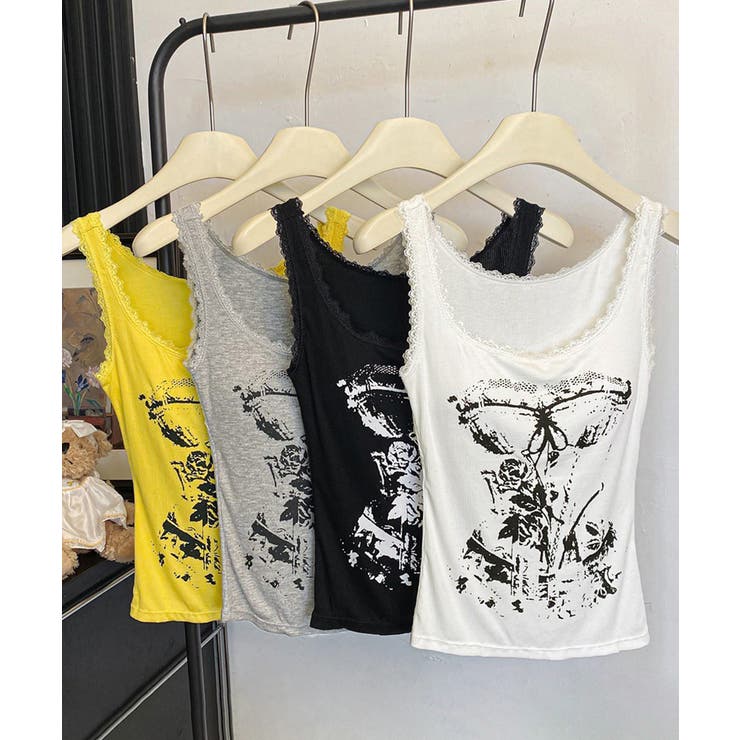 レース地雷系夏服 ヴィンテージ風トップスノースリーブ ショート丈リブタンク | SUNSHINE CLOSET | 詳細画像26 