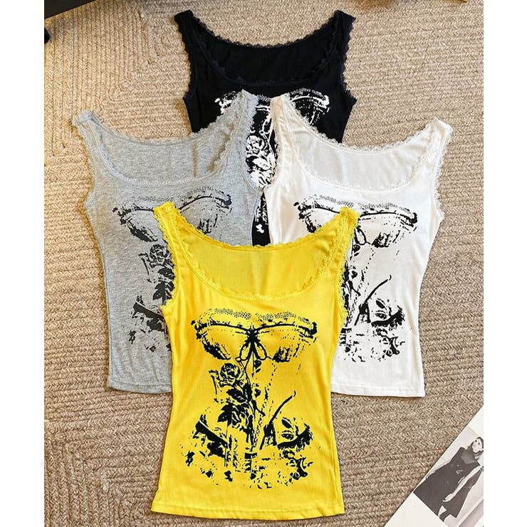 レース地雷系夏服 ヴィンテージ風トップスノースリーブ ショート丈リブタンク | SUNSHINE CLOSET | 詳細画像28 