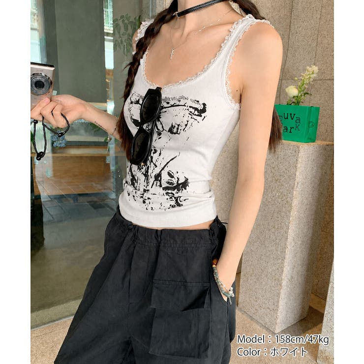 レース地雷系夏服 ヴィンテージ風トップスノースリーブ ショート丈リブタンク | SUNSHINE CLOSET | 詳細画像7 