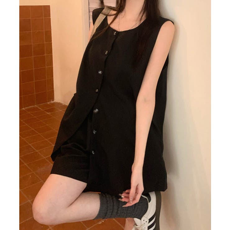薄手ベスト リネン風短パンセットアップ 涼しげきれいめトップス体型カバー | SUNSHINE CLOSET | 詳細画像11 
