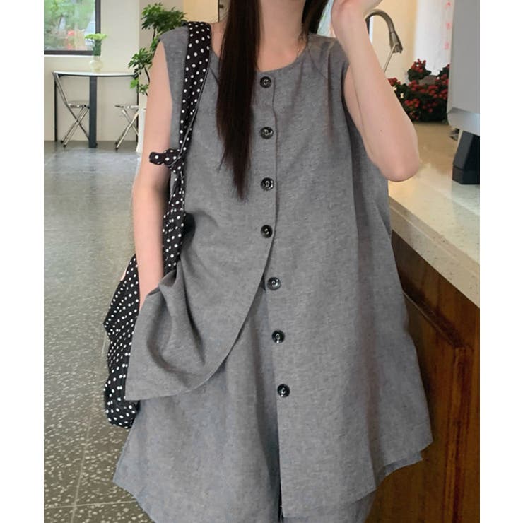 薄手ベスト リネン風短パンセットアップ 涼しげきれいめトップス体型カバー | SUNSHINE CLOSET | 詳細画像15 