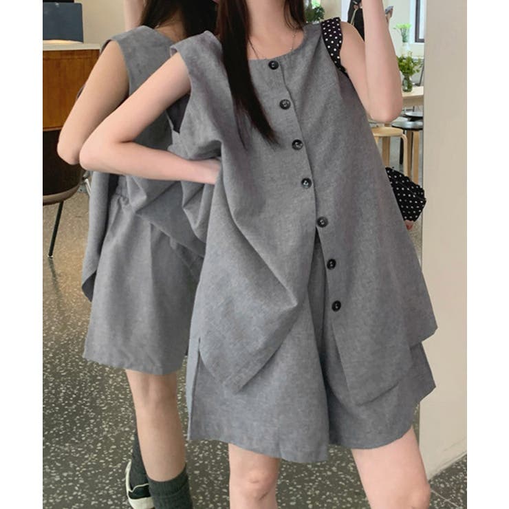 薄手ベスト リネン風短パンセットアップ 涼しげきれいめトップス体型カバー | SUNSHINE CLOSET | 詳細画像19 