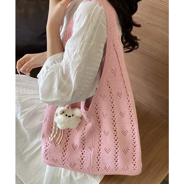 ハート柄クロシェ編みバッグ 大容量ワンショルダーニットバッグ大きめ 韓国風 | SUNSHINE CLOSET | 詳細画像20 