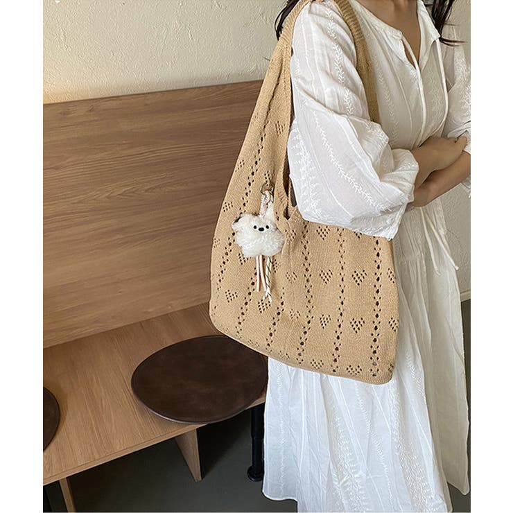 ハート柄クロシェ編みバッグ 大容量ワンショルダーニットバッグ大きめ 韓国風 | SUNSHINE CLOSET | 詳細画像9 