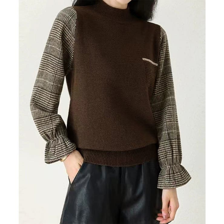 チェック柄ドッキングニットレディース秋服[品番：AGCW0007195
