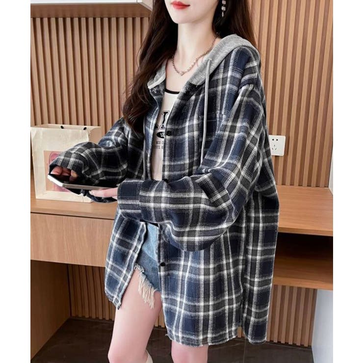 チェック柄フーデッドシャツレディース秋冬 | SUNSHINE CLOSET | 詳細画像1 