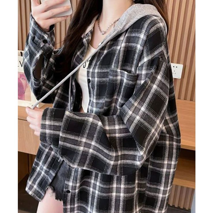 チェック柄フーデッドシャツレディース秋冬 | SUNSHINE CLOSET | 詳細画像14 