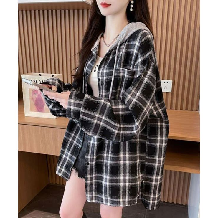 チェック柄フーデッドシャツレディース秋冬 | SUNSHINE CLOSET | 詳細画像15 