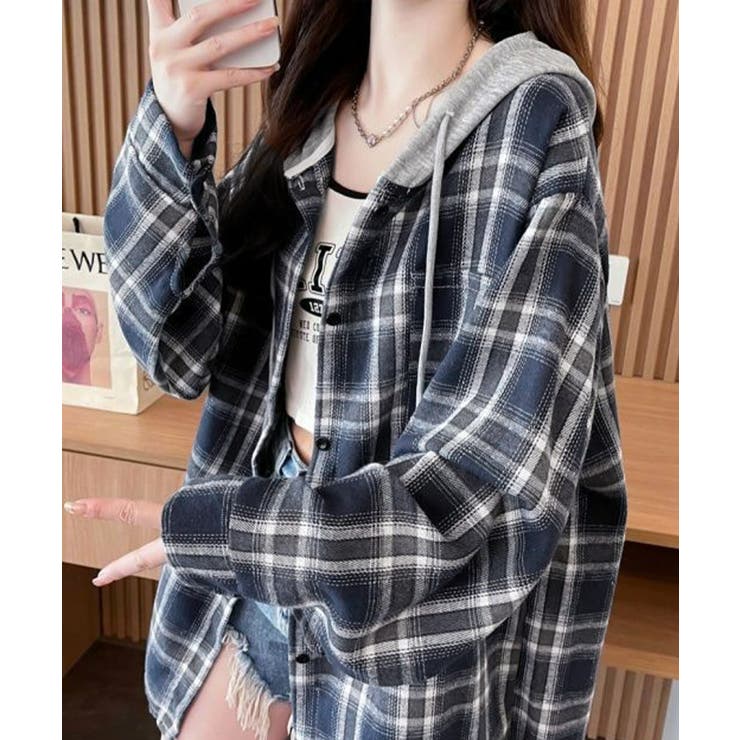 チェック柄フーデッドシャツレディース秋冬 | SUNSHINE CLOSET | 詳細画像5 