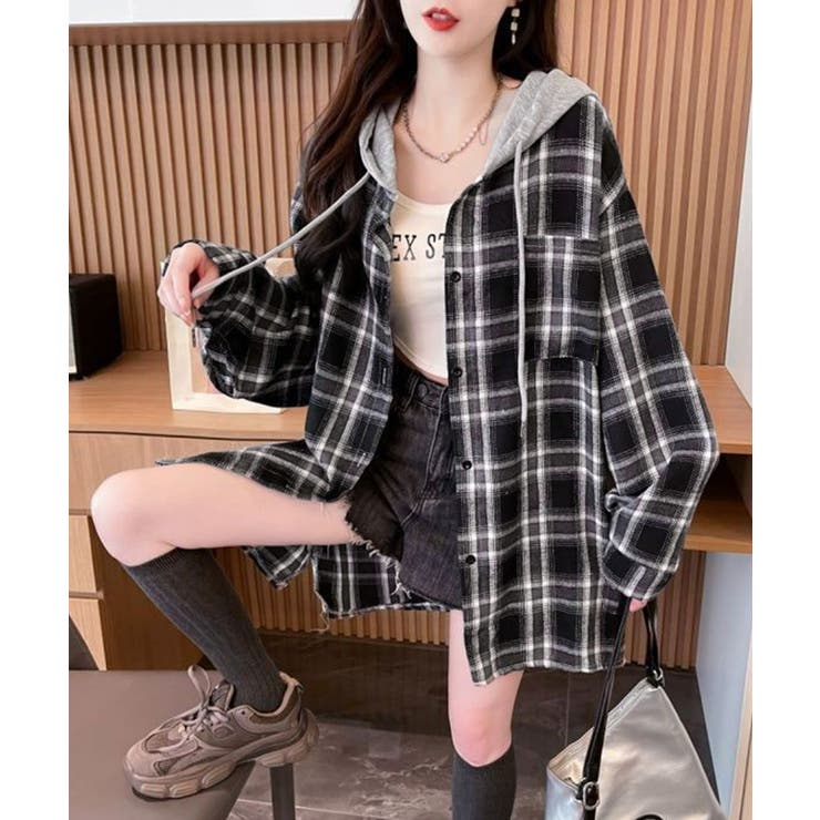 チェック柄フーデッドシャツレディース秋冬 | SUNSHINE CLOSET | 詳細画像6 