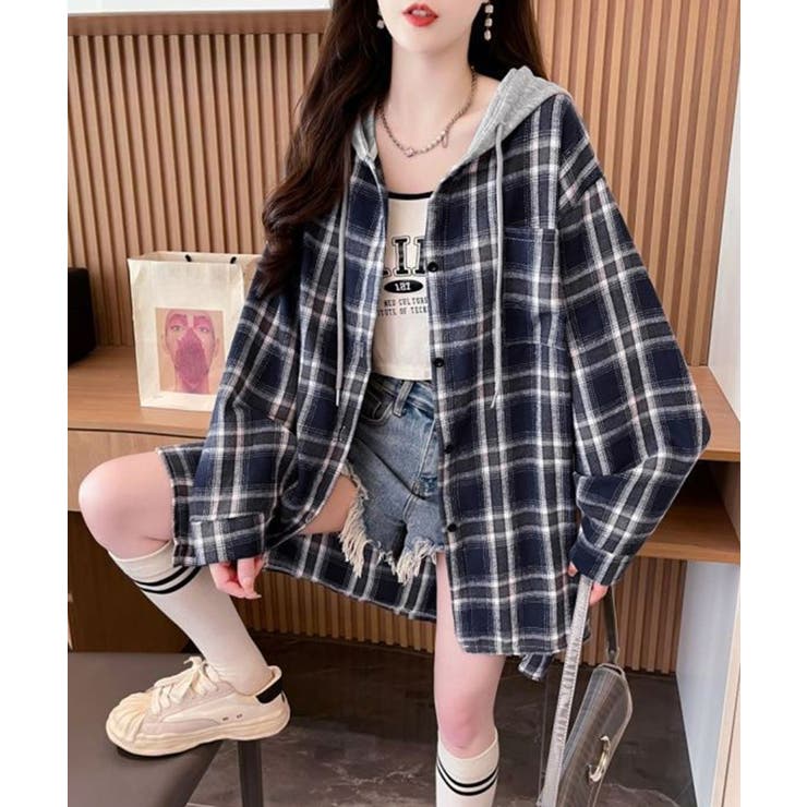 チェック柄フーデッドシャツレディース秋冬 | SUNSHINE CLOSET | 詳細画像9 