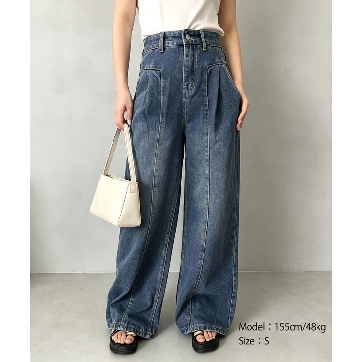 タック入りストレートデニム ハイウエストワイドパンツ韓国風 体型カバージーンズ | SUNSHINE CLOSET | 詳細画像19 