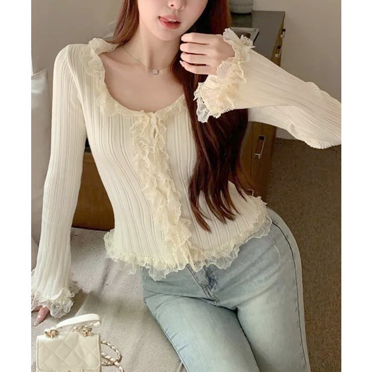 レディース華やかラッフル前開きニットトップスコンパクト丈 大人可愛いセーターショ… | SUNSHINE CLOSET | 詳細画像10 