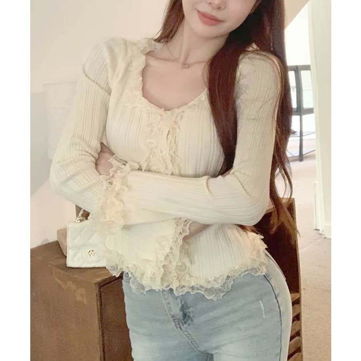 レディース華やかラッフル前開きニットトップスコンパクト丈 大人可愛いセーターショ… | SUNSHINE CLOSET | 詳細画像11 
