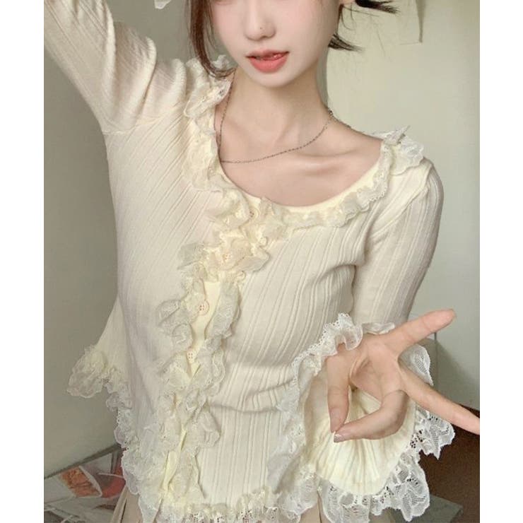 レディース華やかラッフル前開きニットトップスコンパクト丈 大人可愛いセーターショ… | SUNSHINE CLOSET | 詳細画像12 