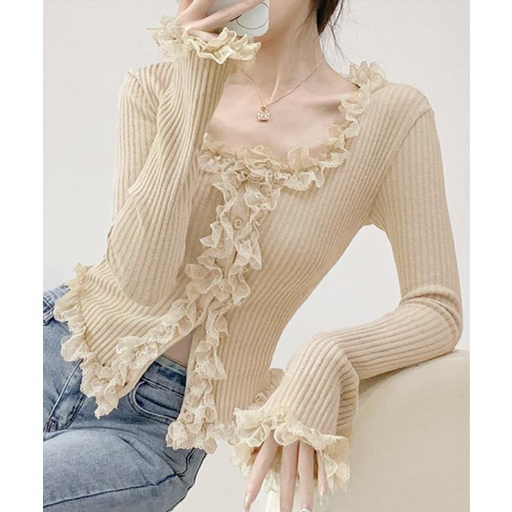 レディース華やかラッフル前開きニットトップスコンパクト丈 大人可愛いセーターショ… | SUNSHINE CLOSET | 詳細画像14 