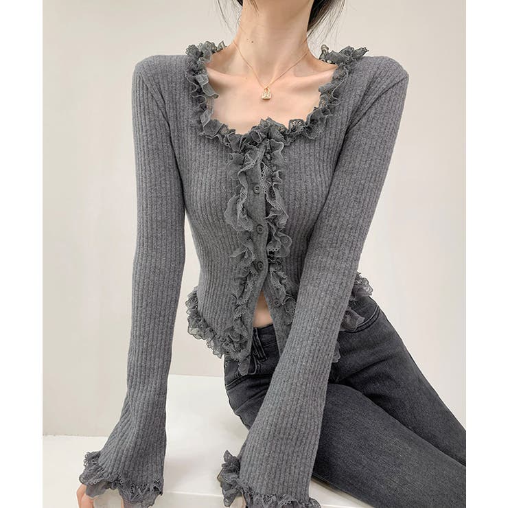 レディース華やかラッフル前開きニットトップスコンパクト丈 大人可愛いセーターショ… | SUNSHINE CLOSET | 詳細画像2 