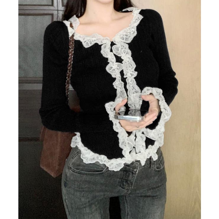 レディース華やかラッフル前開きニットトップスコンパクト丈 大人可愛いセーターショ… | SUNSHINE CLOSET | 詳細画像4 