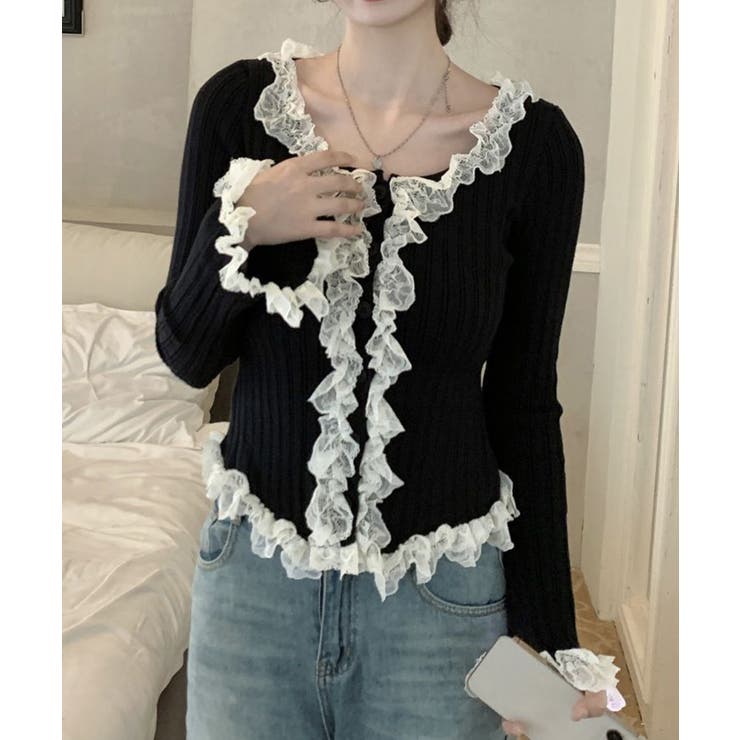 レディース華やかラッフル前開きニットトップスコンパクト丈 大人可愛いセーターショ… | SUNSHINE CLOSET | 詳細画像5 
