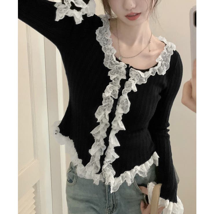 レディース華やかラッフル前開きニットトップスコンパクト丈 大人可愛いセーターショ… | SUNSHINE CLOSET | 詳細画像7 
