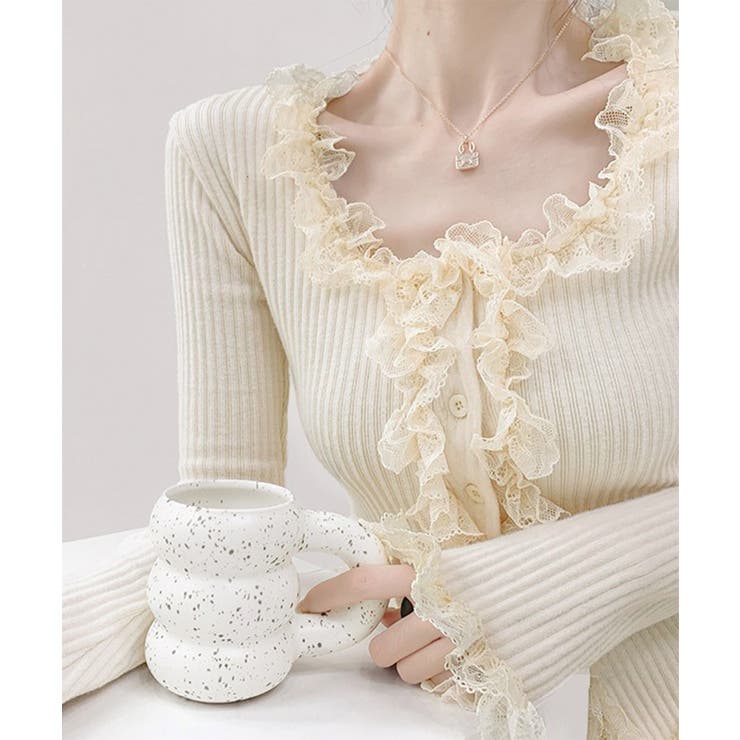 レディース華やかラッフル前開きニットトップスコンパクト丈 大人可愛いセーターショ… | SUNSHINE CLOSET | 詳細画像8 
