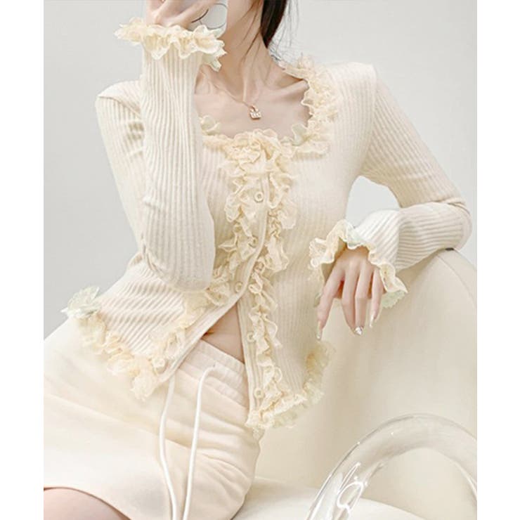 レディース華やかラッフル前開きニットトップスコンパクト丈 大人可愛いセーターショ… | SUNSHINE CLOSET | 詳細画像9 