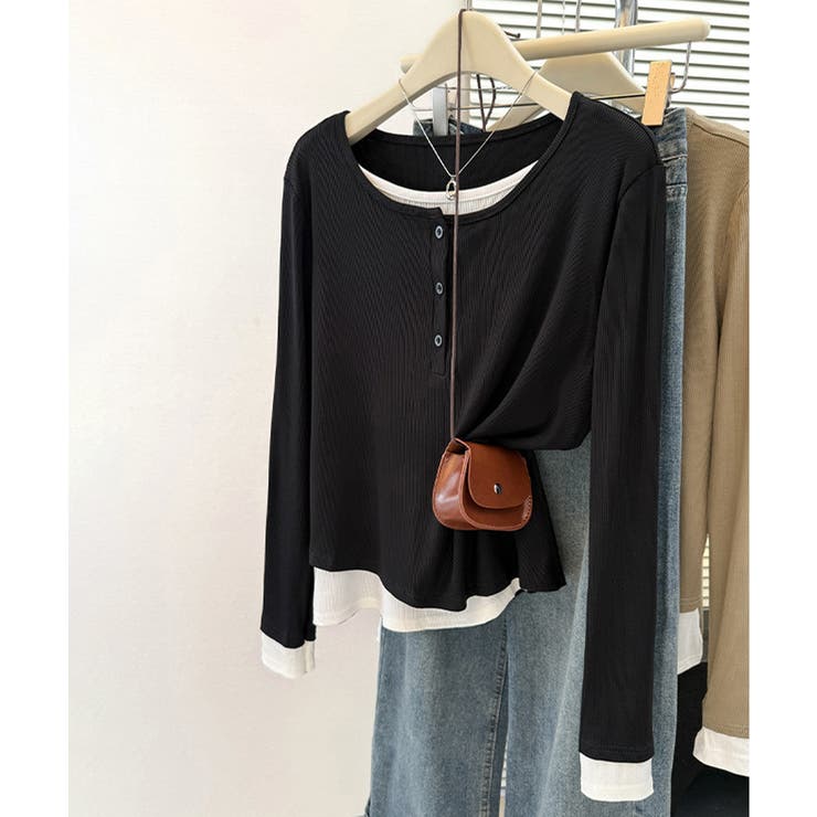 フェイクレイヤードトップス秋服長袖Tシャツレディース大人カジュアル韓国風tops… | SUNSHINE CLOSET | 詳細画像10 