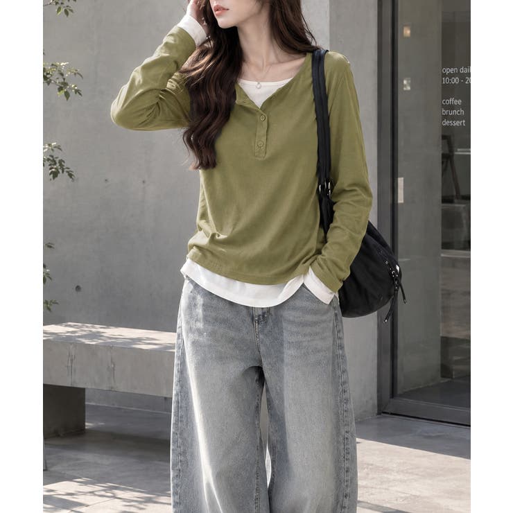 フェイクレイヤードトップス秋服長袖Tシャツレディース大人カジュアル韓国風tops… | SUNSHINE CLOSET | 詳細画像14 