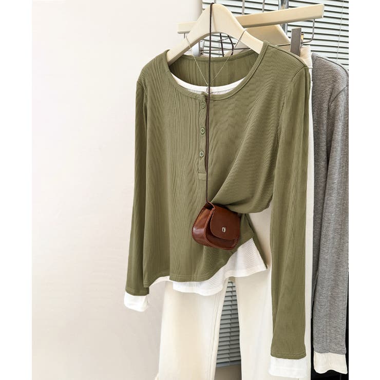 フェイクレイヤードトップス秋服長袖Tシャツレディース大人カジュアル韓国風tops… | SUNSHINE CLOSET | 詳細画像15 