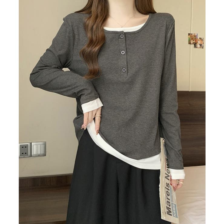 フェイクレイヤードトップス秋服長袖Tシャツレディース大人カジュアル韓国風tops… | SUNSHINE CLOSET | 詳細画像18 