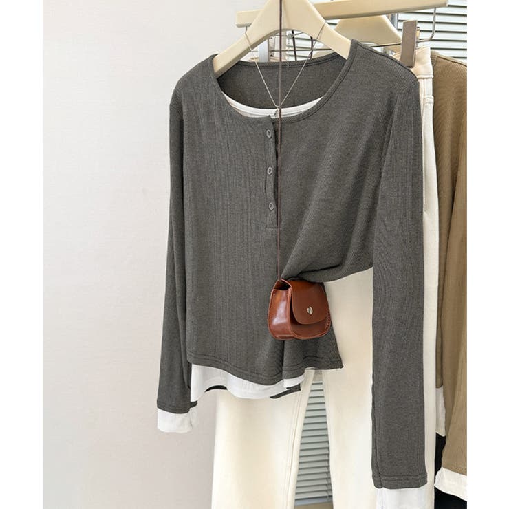 フェイクレイヤードトップス秋服長袖Tシャツレディース大人カジュアル韓国風tops… | SUNSHINE CLOSET | 詳細画像20 