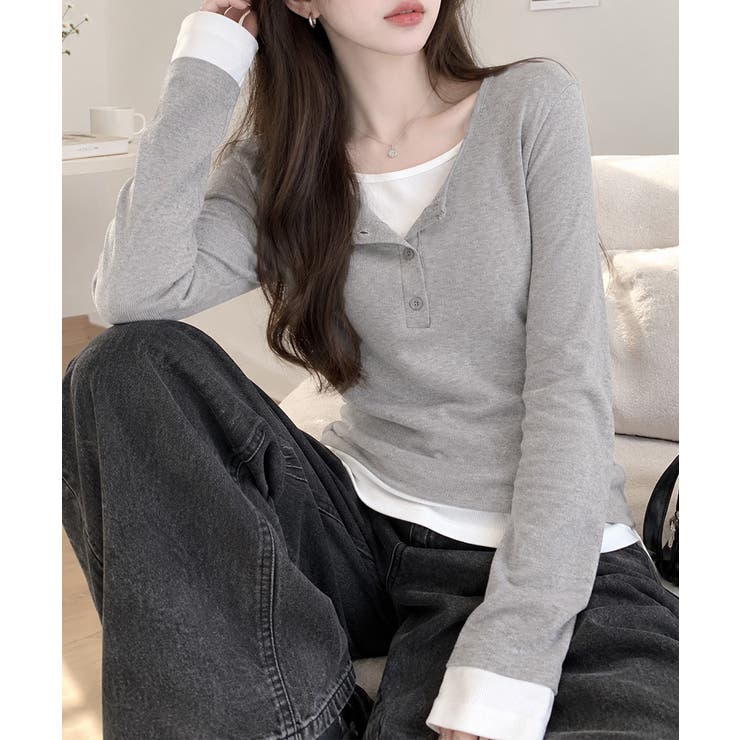 フェイクレイヤードトップス秋服長袖Tシャツレディース大人カジュアル韓国風tops… | SUNSHINE CLOSET | 詳細画像4 
