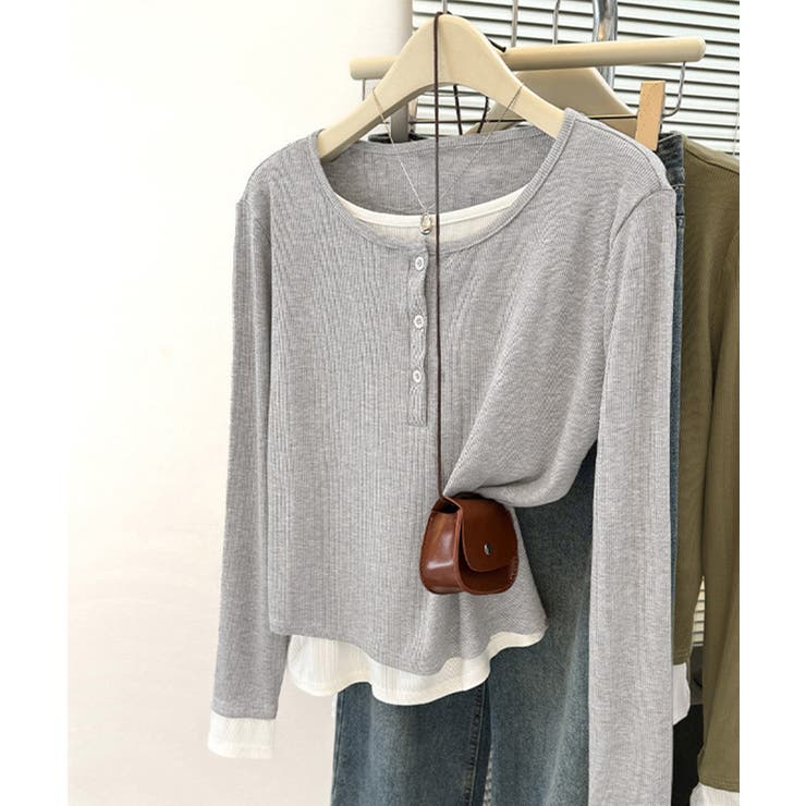 フェイクレイヤードトップス秋服長袖Tシャツレディース大人カジュアル韓国風tops… | SUNSHINE CLOSET | 詳細画像5 