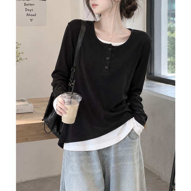 フェイクレイヤードトップス秋服長袖Tシャツレディース大人カジュアル韓国風tops… | SUNSHINE CLOSET | 詳細画像9 
